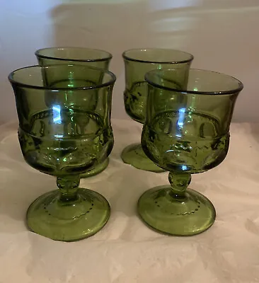 Indiana Glass Co 4 King Crown Thumb Print Green Cordial Glasses MCM • $22