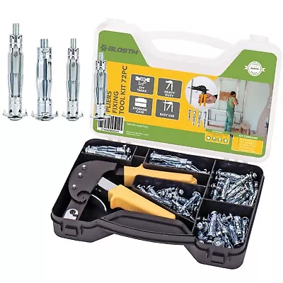  72pc Hollow Wall Fixings & Anchor Setting Tool Kit Set Plaster Boarding & Case • £16.19