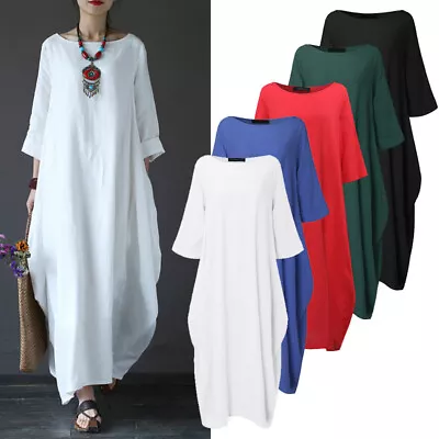 Women's Kaftan Batwing Loose Long Maxi Shirt Dress Linen Cotton Robes Tops Gown • $14.23