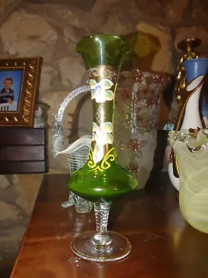 Venetian Glass Green Pedestal Vase W/Floral Design - 8  High - MINT • $29