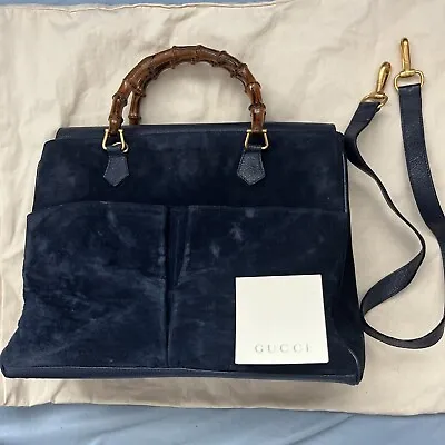Auth Gucci Bamboo Handle Buckskin Dark Blue Hand Bag Vintage Perfect Condition • $310