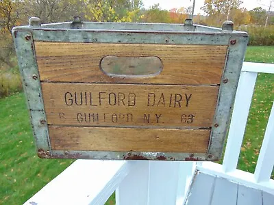 Vintage WOOD & METAL 6 - GUILFORD NY - 63 GUILFORD DAIRY Milk Bottle Crate  • $76