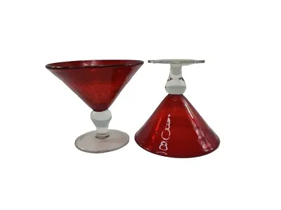 Vintage Ruby Red Martini Cocktail Glasses Clear Stems 8 Oz. 5  Tall Mouth Blown • $15.96