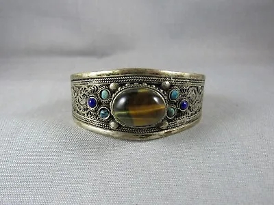 Vintage/antique Silver Metal Yemenite Filigree Tiger Eye Turquoise Cuff Bracelet • $35