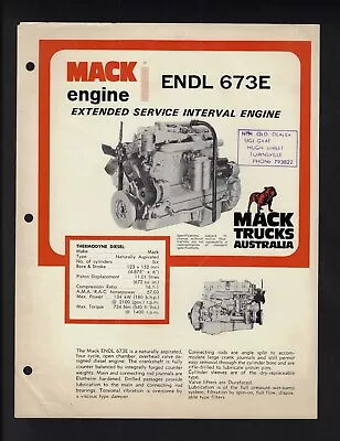 Mack Trucks Endl 673e Engine Specifications Brochure 02/76 • $17.81