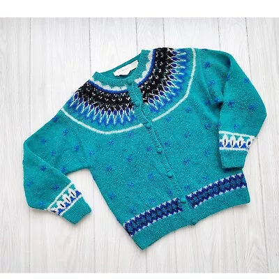 Vintage 90s Eagles Eye Cardigan Sweater Mohair Teal Green Fair Isle Hand Knit M • $39.95