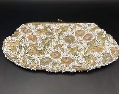 Vintage Micro Beaded Floral Embroidered Silk Clutch Purse & Coin Bag French • $19