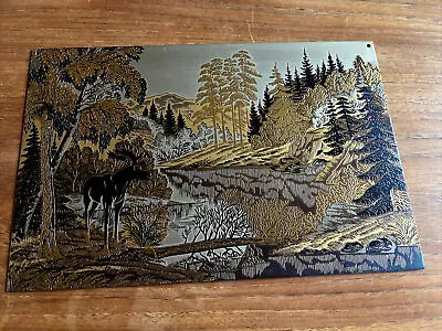 Wall Hanging Metal Landscape With Moose Engraved Russian Masters Signed Art • $45