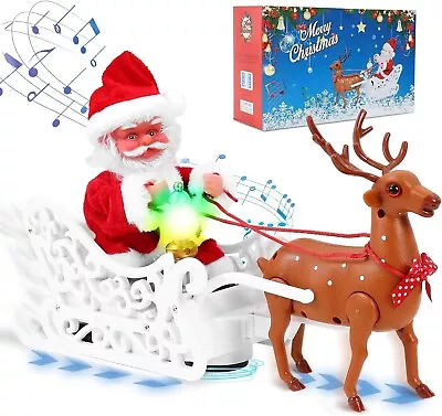 Christmas Electric Santa Claus Sleigh Deer Toy Decorative Music Lights Gift Set • £2.99