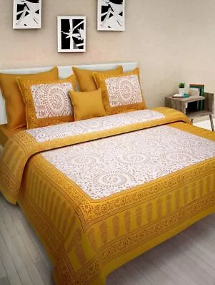 Queen Size Bed Sheet Pillow Covers Pure Cotton Indian Peacock Ethnic Bedding Set • £40.78