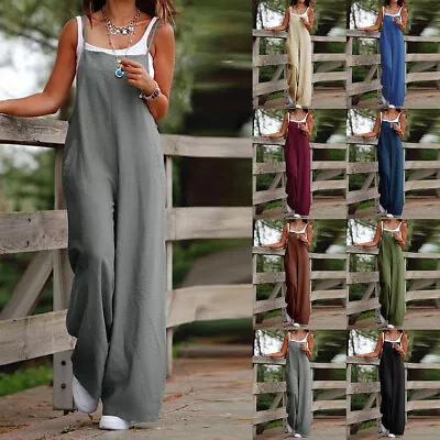 Womens Cotton Linen Jumpsuit Dungaree Strappy Baggy Wide Leg Playsuit Overalls • $32.66