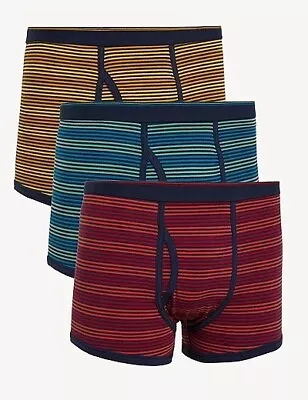 M&S Mens Trunks 3 Pack Size S Cool & Fresh Cotton Lycra Keyhole Fly Striped • £17.99
