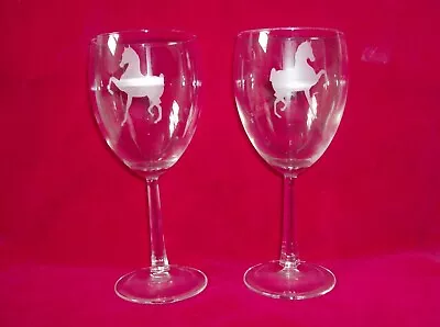 2 / Pair Of 7  American Hackney Pony Cob Tail Etched Wine Glasses Horse  • $35