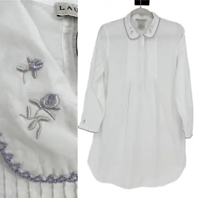 Vintage 90’s Laura Ashley Long Sleeve Mini Shirt Dress Embroidered Cottage White • £43.42