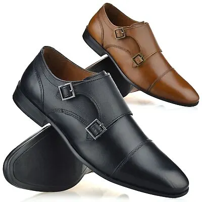 Mens Leather Smart Casual Monk Strap Oxford Party Work Office Toe Cap Shoes Size • £23.98