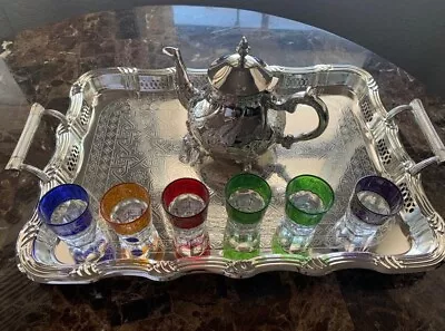 Moroccan Handmade Silver Plated Tea Set Teapot Tray Set Of 6 Tea Cups • $175