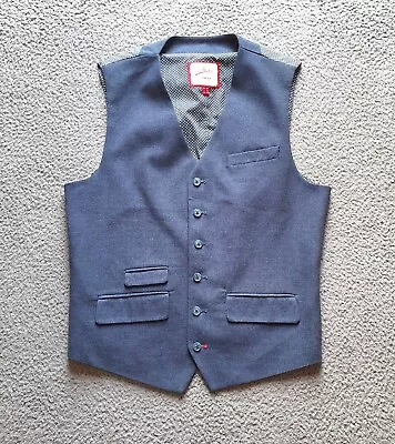 Joe Browns Waistcoat Mens 40R Blue Cotton V Neck White Polka Dot Lining Pockets • £24.87