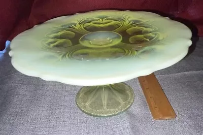 Mosser Opalescent Vaseline Glass Cake/Dessert Stand Inverted Thistle Vivid Yel • $199