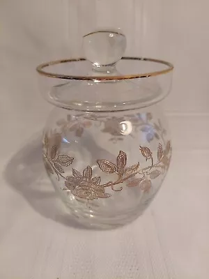 3” Vintage Jam Jelly Jar W/ Lid Etched Glass Floral-gold Accent Wow! (b34) • $18