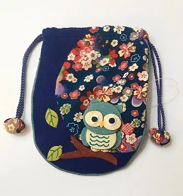 Manekiya Blue Chirimen Silk Crepe Rayon Owl Flat Drawstring Pouch • $8