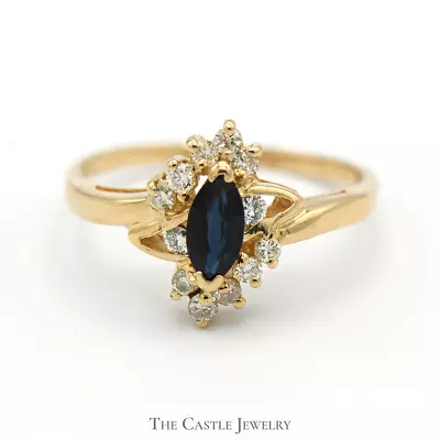 Marquise Cut Sapphire Ring With Diamond Accents In 14k Yellow Gold Bypass Mounti • $349