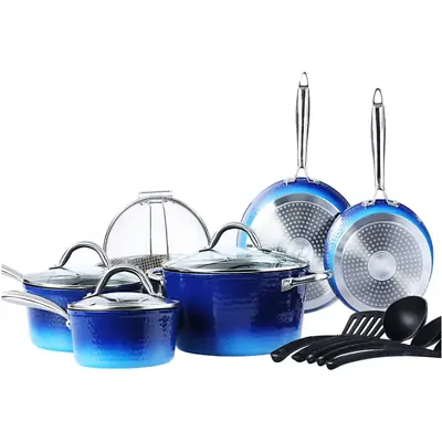 $99.99 • Buy  15 Piece Hammered Cookware Set Nonstick Granite Coated Pots And Pans Set Blue