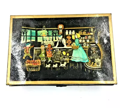 Antique Hand Painted TIN SPICE BOX General Store Scene 6 Square Metal Canisters • $54.99