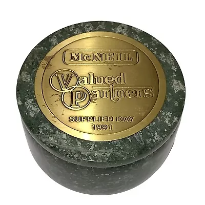 McNeil Valued Partners Brass Plated Green Marble Round Trinket Jewelry Box 1991 • $23.62