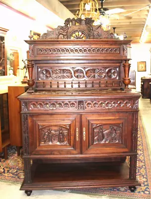 French Antique Chestnut Wood Britany Marble Top Server Sideboard  Buffet C 1880 • $2800