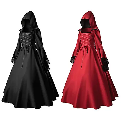 Womens Black Gothic Hooded Jacket Ladies Red Medieval Vintage Long Trench Coat • $60.29