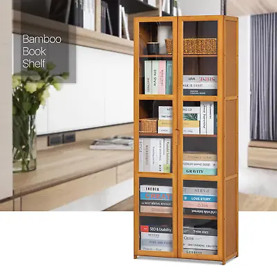 24 Bamboo 6-Tier Two[ACRYLIC DOOR]Bookcase Book Storage Cabinet Display Shelving • $101.99