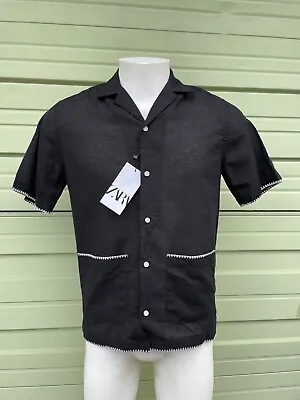 New Zara Men Black Linen Contrast Topstiched Shirt Guayabera Shirt Size S #6096A • $30.39