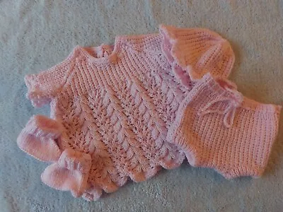 £7.99 • Buy Hand Knitted In Pink Dress With Matching Hat Booties & Pants 20  Chest 3 Months