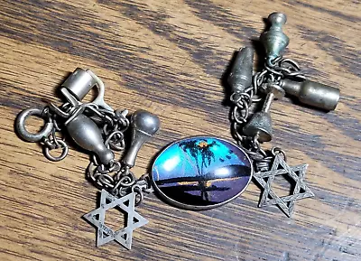 Vintage Sterling Charm Bracelet Jewish Star Of David Intaglio Palm Tree 7  Long • $35