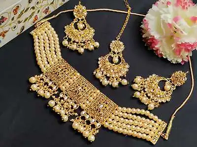 $17.98 • Buy Indian Bollywood Kundan Golden Color Pearl Bridal Choker Necklace Jewelry Set
