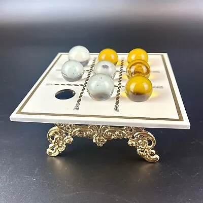 Vtg Litho Tin & Glass Marble Tic Tac Toe Tabletop Board Game W/ Gold Ornate MCM • $19.99