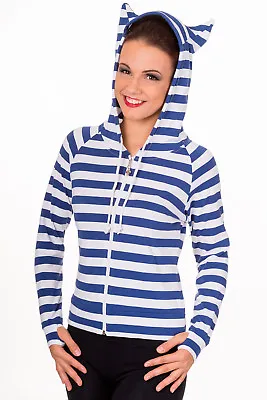 Women's Blue White Striped Emo Rockabilly Punk Cat Ears Hoodie BANNED Apparel • £30.99