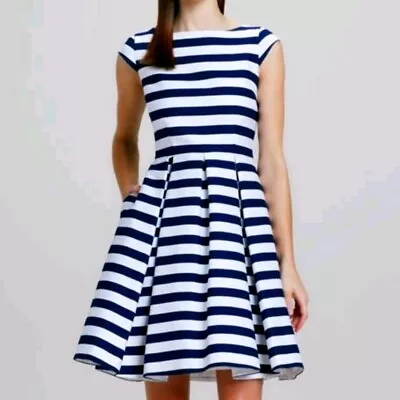 Kate Spade New York Mariella Navy Striped Cap Sleeve Pleated Dress Size 6 EUC • $74.95