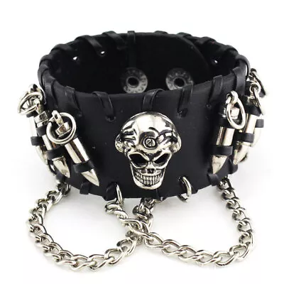 Men's Gothic Rock Punk Skull Chain Wide Leather Bullet Charm Wristband Bracelet • $10.99