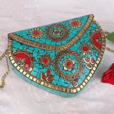 Heart Women Mosaic Stone Metal Clutch Bohemian Gift Vintage Antique Brass Purse • $39.99