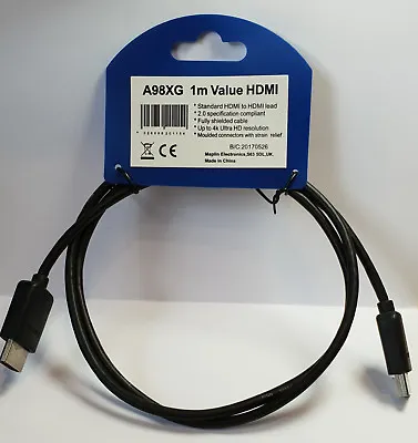 Maplin 1 Meter Value HDMI Cable - Upto 4K UHD - A98XG - New And Unused • £4.99