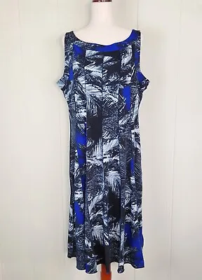 Voir Voir Fit And Flare Dress Size 16 Leaf Print Midi Sleeveless Stretch Black • $14.95