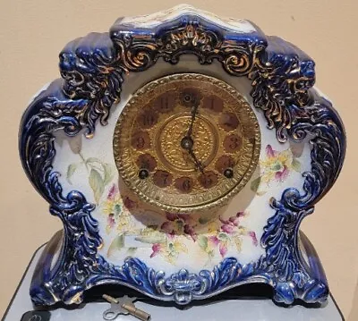 Antique W. M. Gilbert Porcelain Mantle Clock Cobalt Blue Floral W Key 1903 • $505.81
