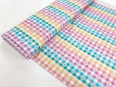 Rainbow Gingham Cotton Fabric Multicolour Love Heart Check Pastel Dressmaking • £2.90