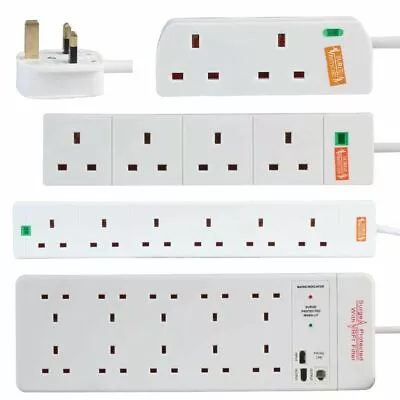 Mains Surge Protected Extension Lead 1m 2m 5m 10m UK 2/4/6 Way Gang Socket Power • £19.99