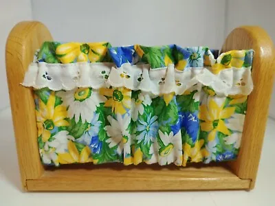 Vintage Wood And Fabric Napkin Holder Blue Floral Retro Table/Kitchen Decor • $17.99