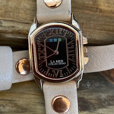 LA MER Black Italian/Gold Chateau Beige Leather Wrap Watch • $29.98