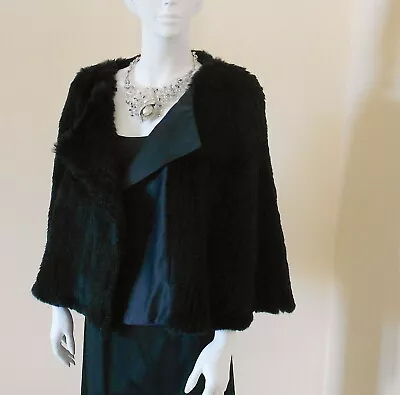 Art To Wear Knit BLACK Rex Rabbit FUR Silk Stole Shawl PONCHO Cape WRAP OS  NWT  • $399