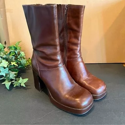 Genuine Leather Vintage Square Toe Block Heals Brown Boots Arizona Jean Company • $29