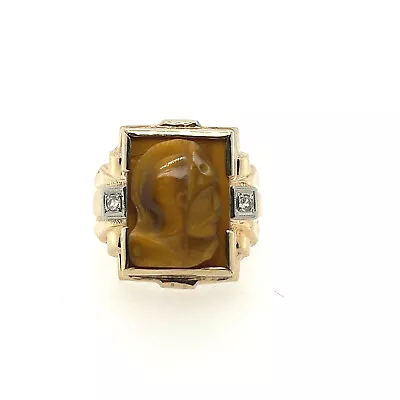 Antique Mens 10K Carved  Cameo Ring Size 7.75 W/2 Diamonds • $265